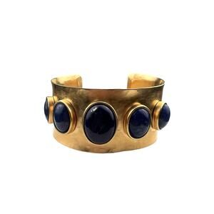 Brushed Gold Tone Cuff Bracelet Lapis Lazuli Stone